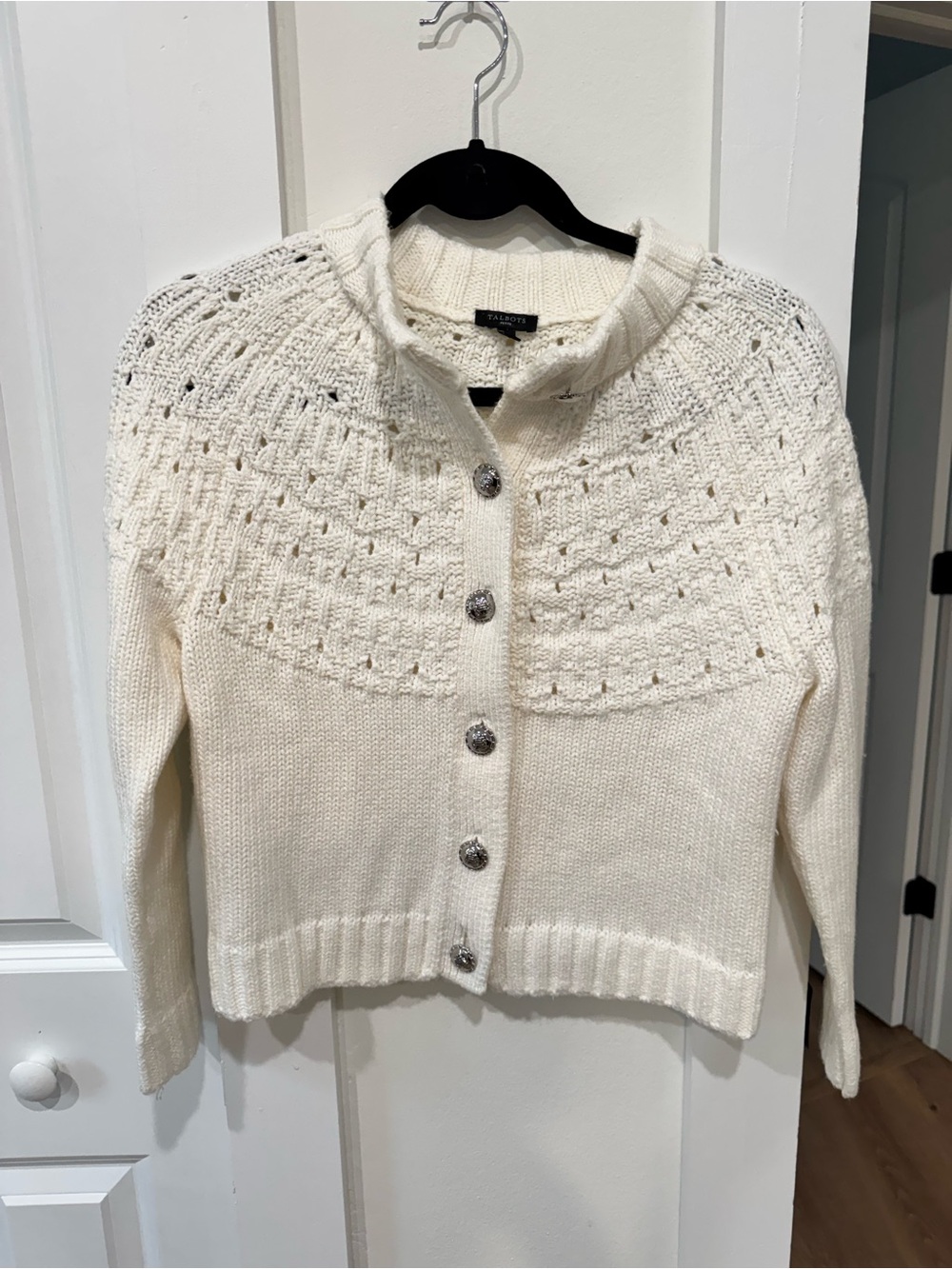 Talbots Ivory Crochet Yoke Button Cardigan